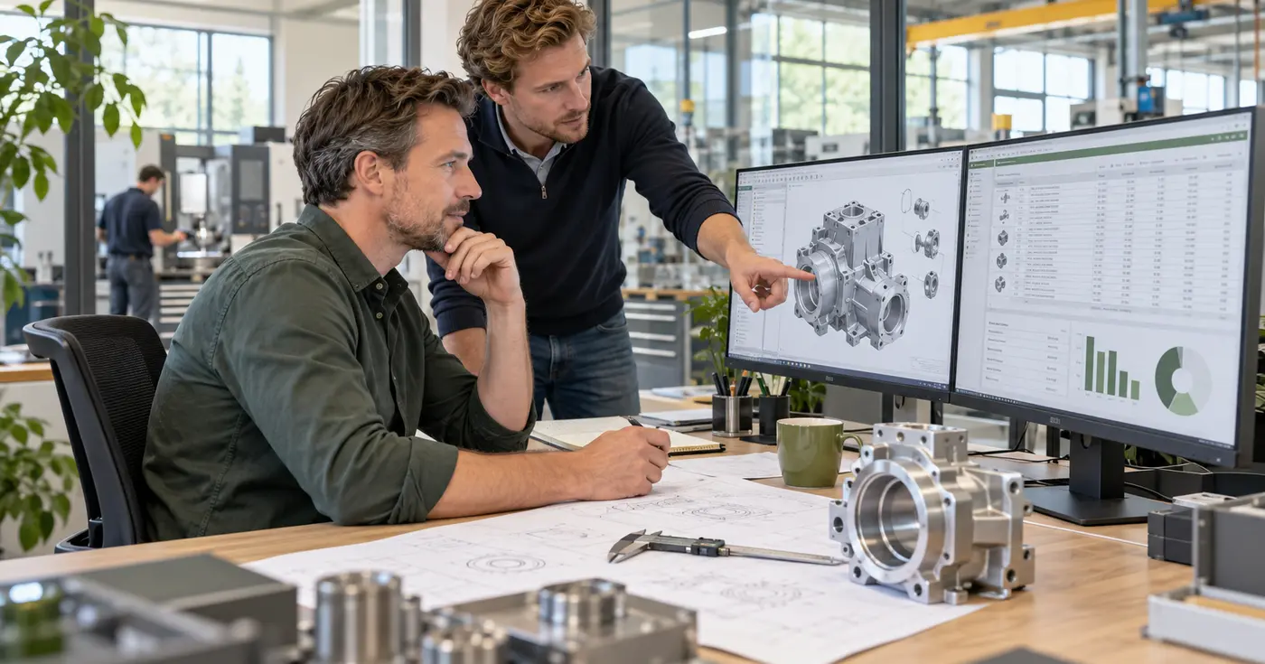 Illustratief beeld van een calculator en engineer die bij daglicht een werktuigbouwkundig ontwerp, kostencalculatie en metalen component bespreken