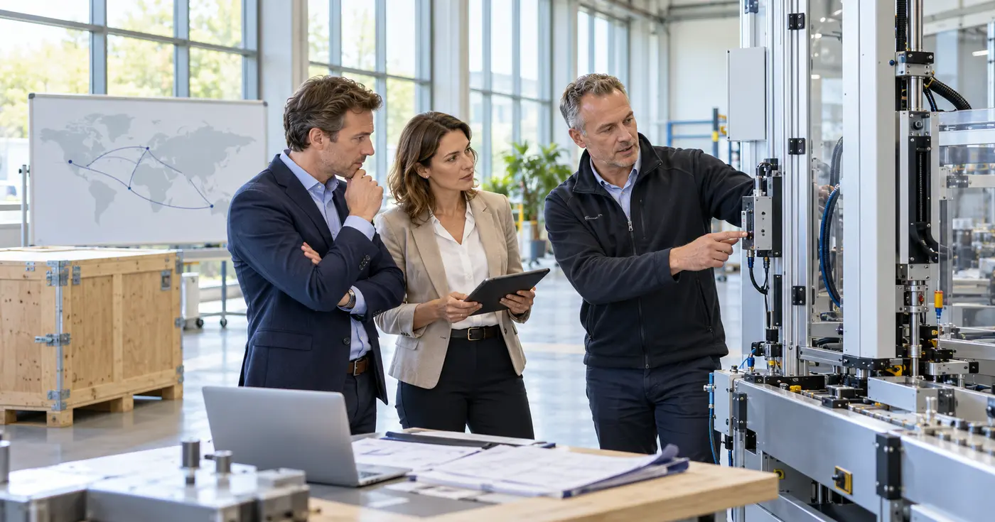 Illustratief beeld van een sales engineer, servicemanager en commercieel manager die bij daglicht een exportmachine en internationale serviceaanpak bespreken