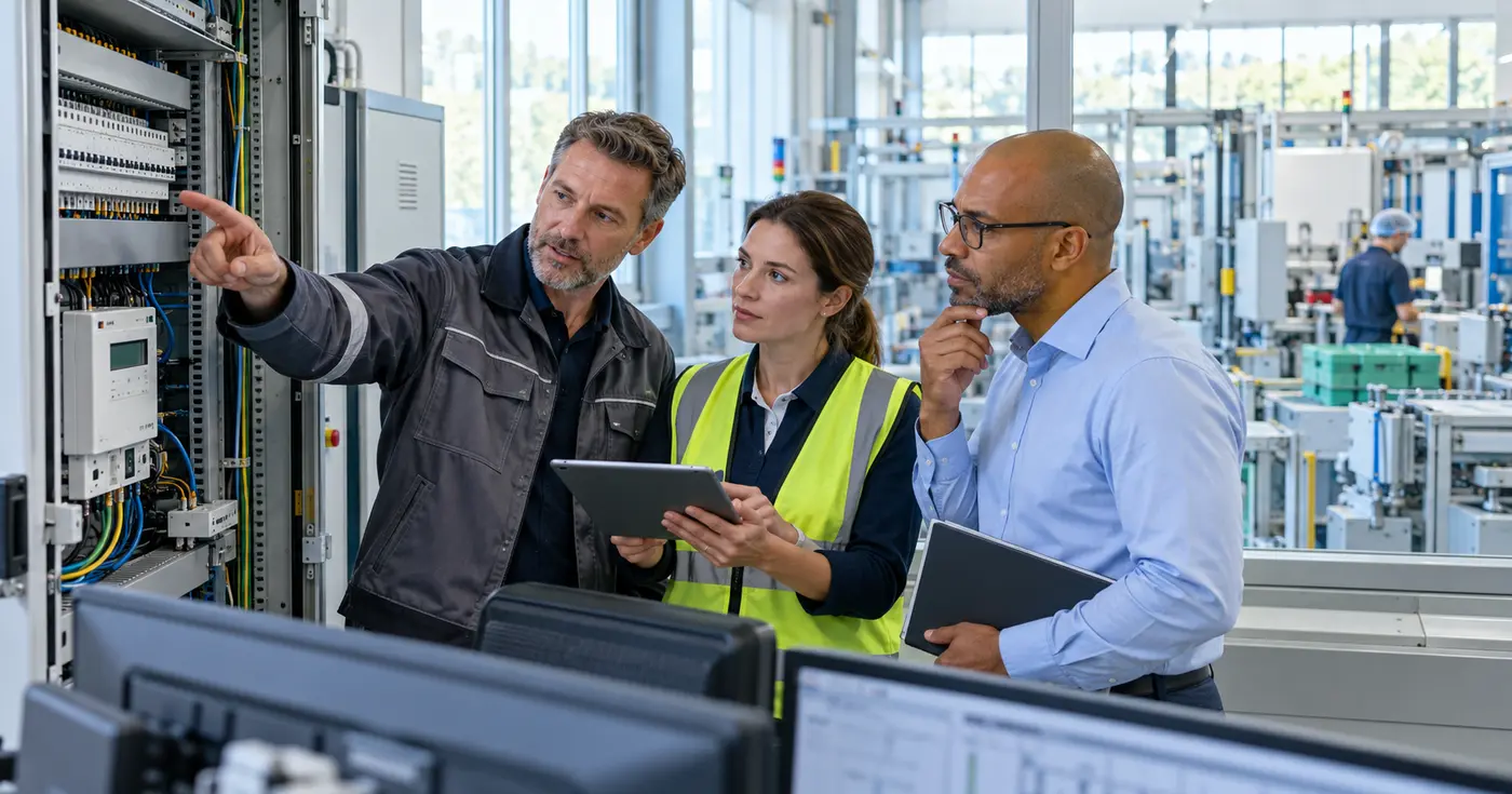 Illustratief beeld van een operationsmanager, energiespecialist en controller die bij daglicht het flexibele elektriciteitsgebruik van een productielocatie bespreken