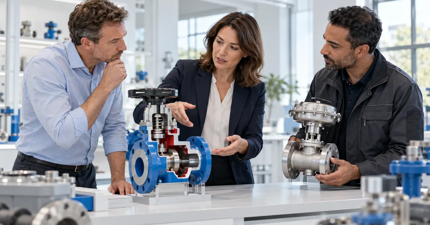 Illustratief beeld van een productmanager, sales engineer en servicespecialist die bij daglicht twee industriële afsluiters en hun toepassing vergelijken