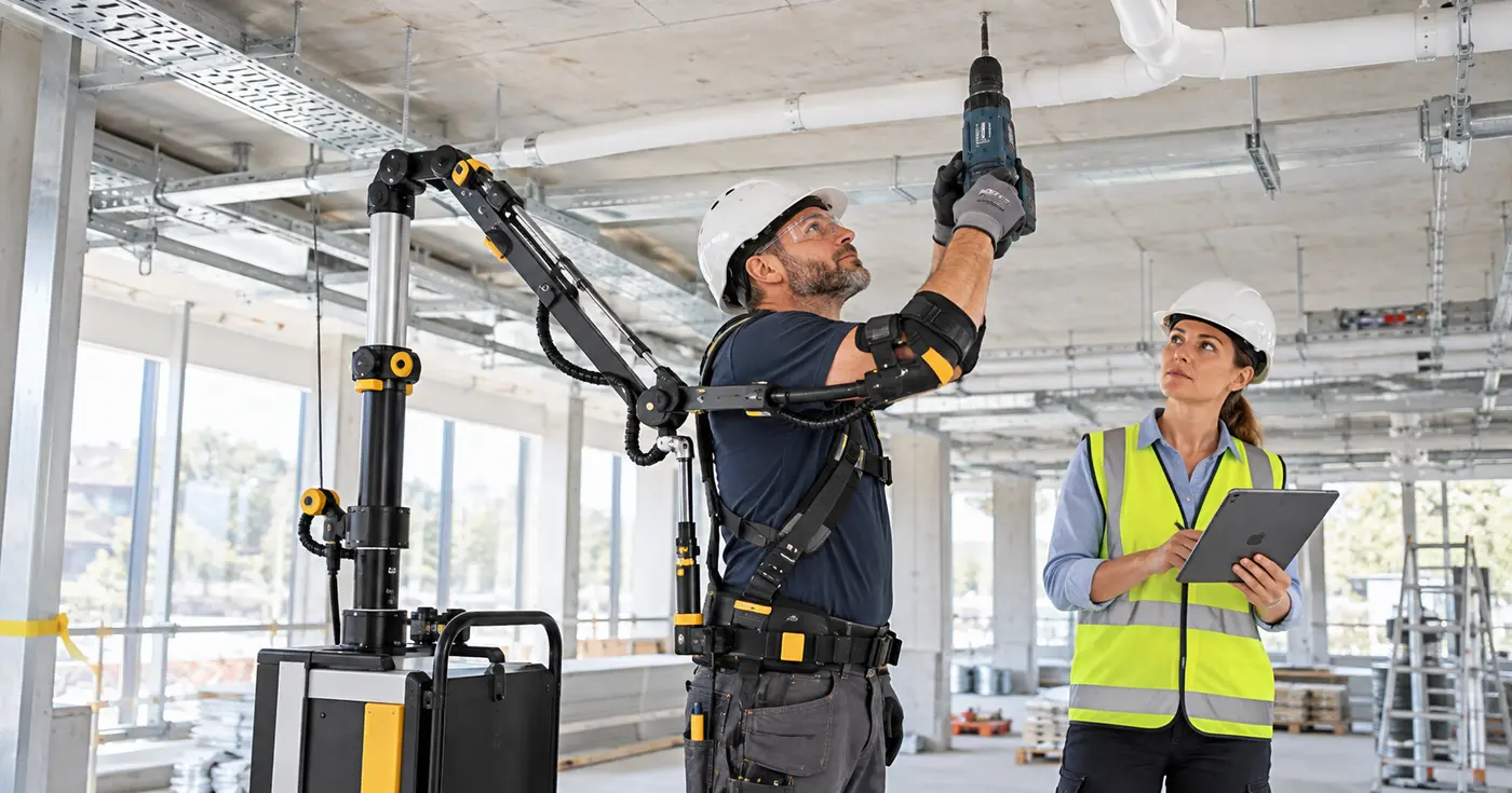 Illustratief beeld van een installateur die bij daglicht een ergonomische robotarm gebruikt voor bovenhands boren terwijl een specialist de proef observeert