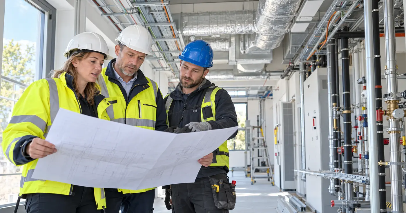 Illustratief beeld van een werkvoorbereider, uitvoerder en installatiemonteur die bij daglicht een technische tekening en de installatievolgorde bespreken